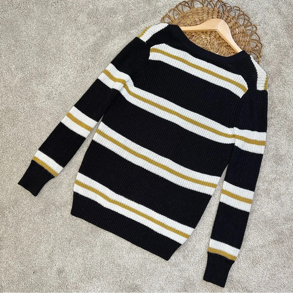 Forever21 Black & Off-White Yellow Striped Open Front Button Cardigan Sweater - Picture 7 of 13